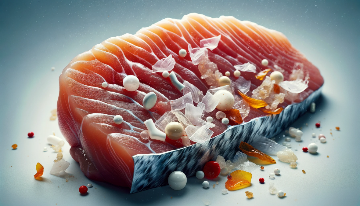 Artistic representation of a salmon sushi slice with figurative microplastic particles symbolizing contamination in seafood.