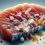 Artistic representation of a salmon sushi slice with figurative microplastic particles symbolizing contamination in seafood.