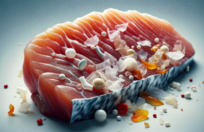 Artistic representation of a salmon sushi slice with figurative microplastic particles symbolizing contamination in seafood.